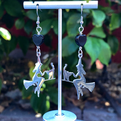 Onyx gemstone Hearts and steel Witch on broom Earrings