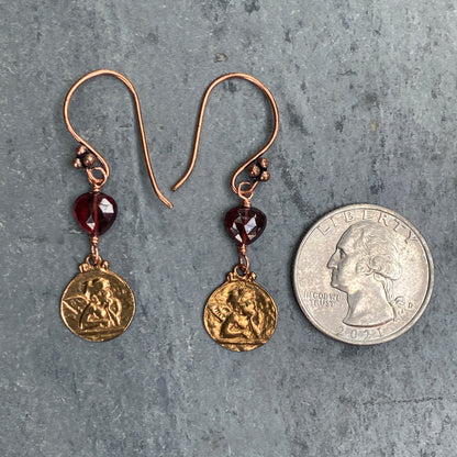 Garnet Gemstone hearts with Copper Circle with Cupid Imprint Dangle earrings