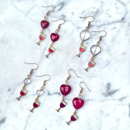Wine Glass and Gemstone Hearts Earrings