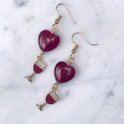 Wine Glass and Gemstone Hearts Earrings