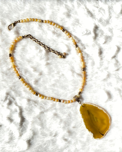 Yellow Agate Slice Beaded Necklace