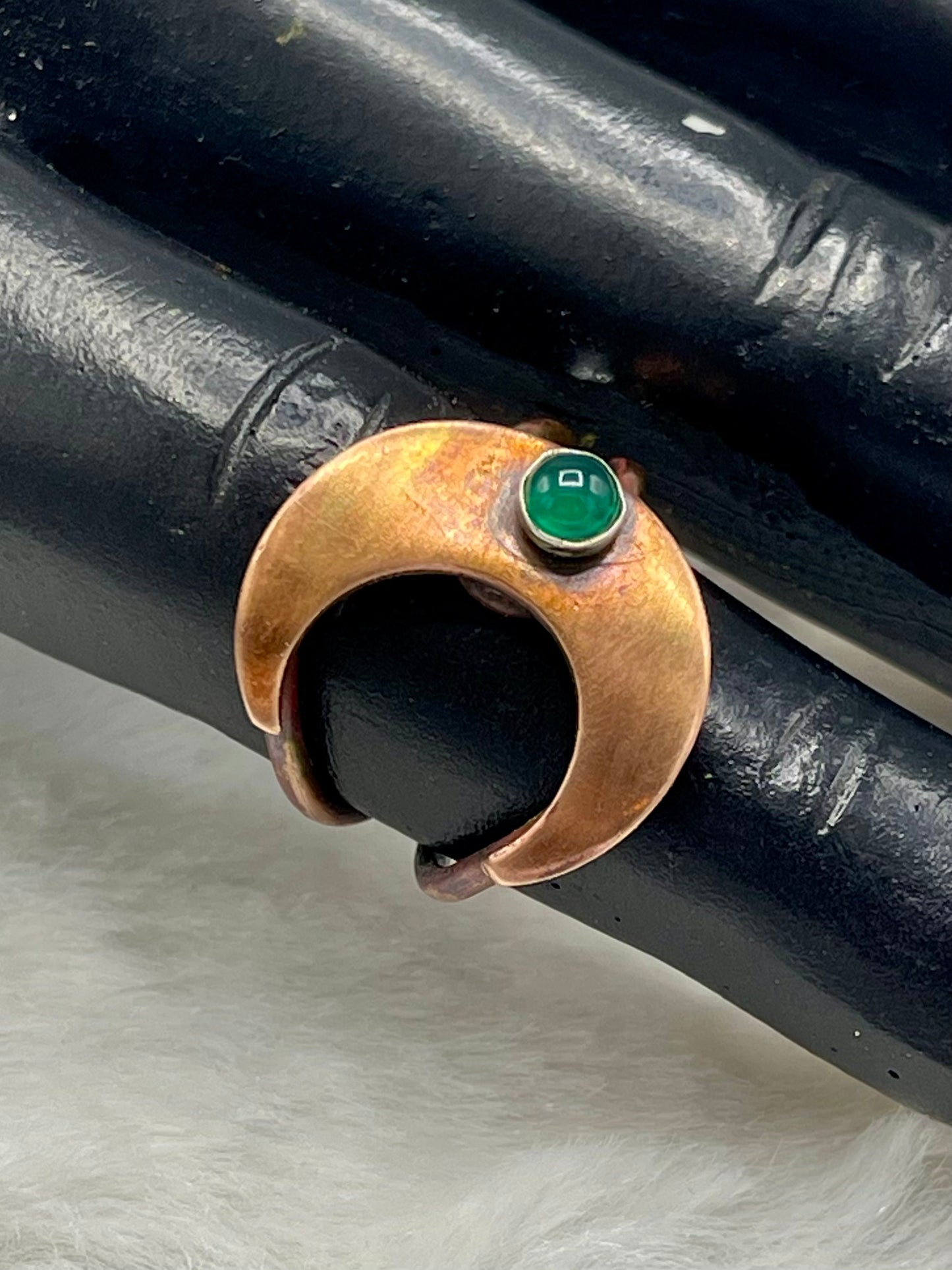 Copper and Sterling Silver  Moon Ring with Green Onyx