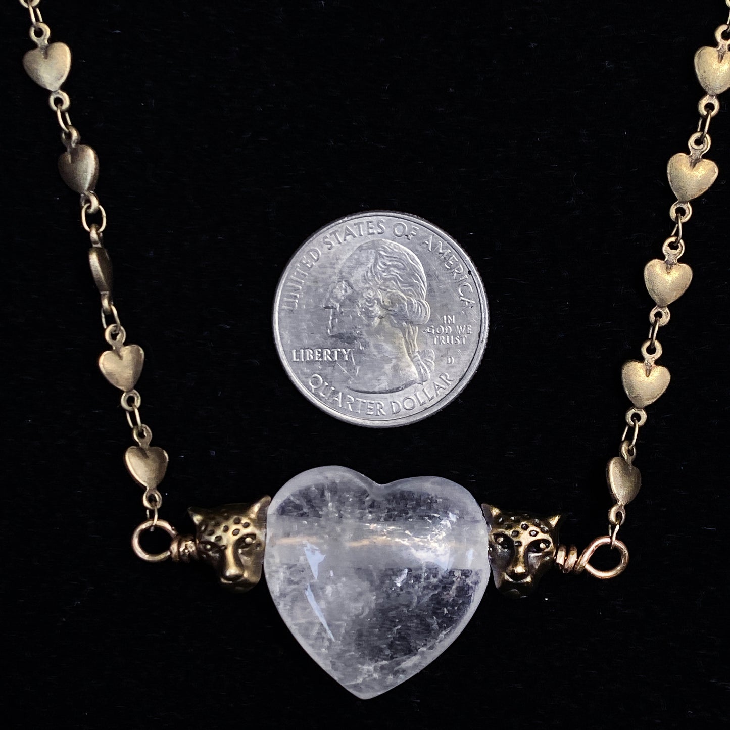 Quartz Heart Brass Leopard Necklace