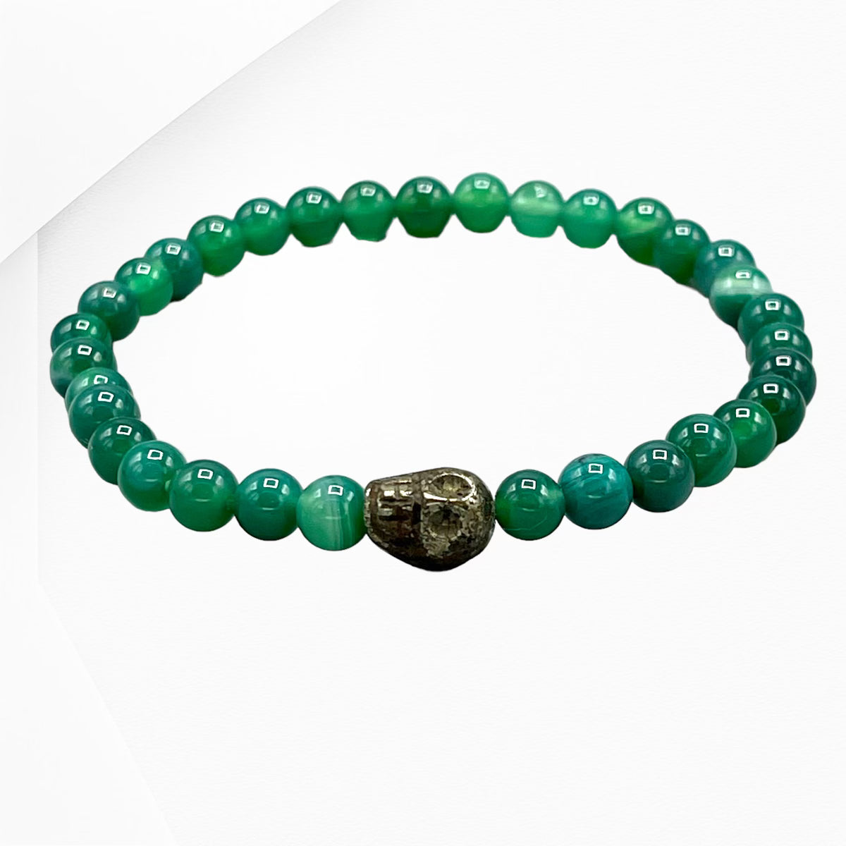 Pyrite Skull and Green Agate Bracelet