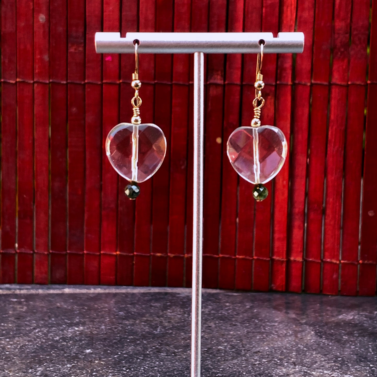 Emerald and Quartz Heart Dangle Earrings