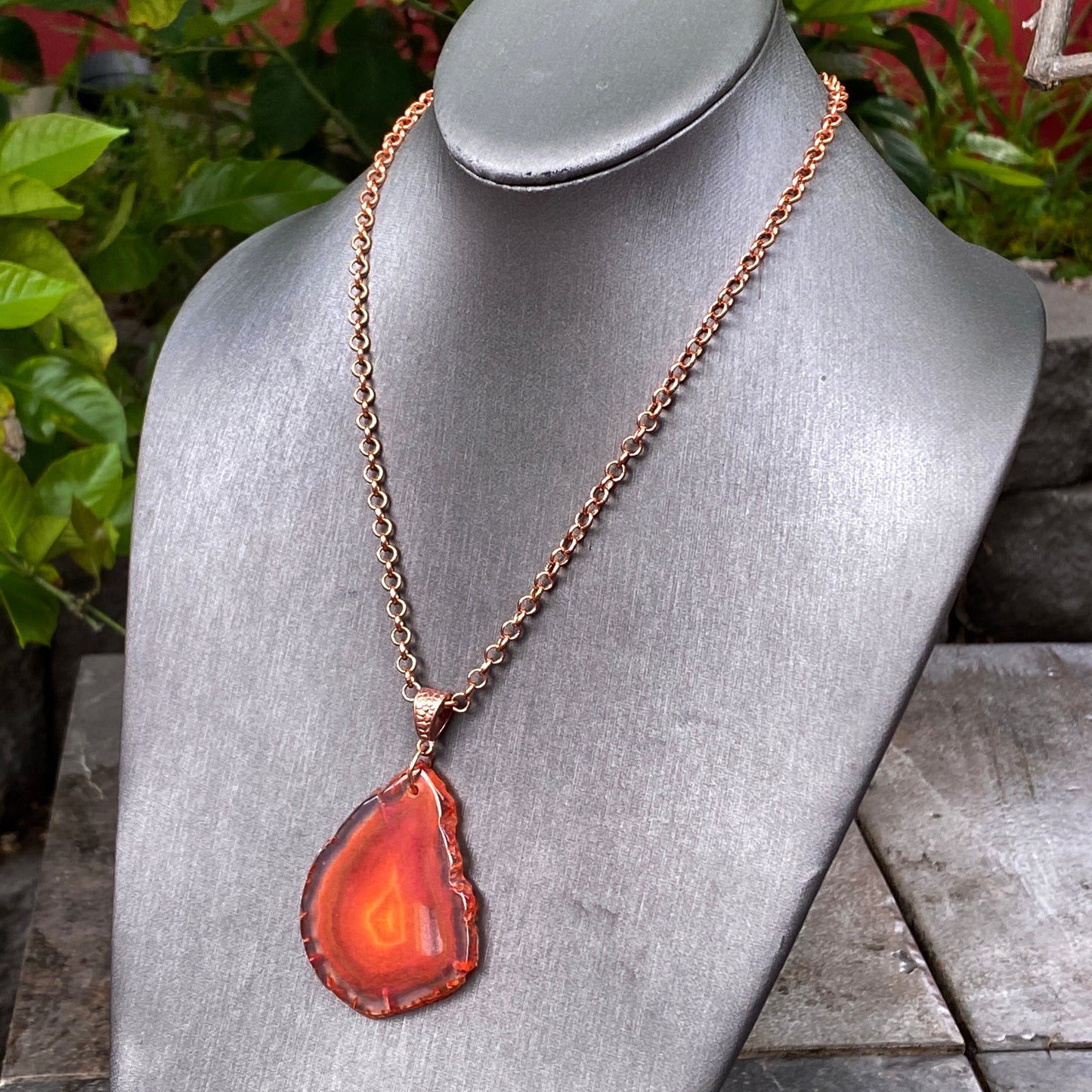 Red Agate gemstone pendant copper chain necklace