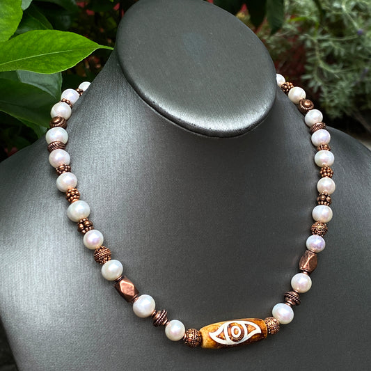 Pearl and Copper Evil Eye Necklace