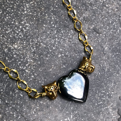 Hematite gemstone Heart Brass Leopard Necklace