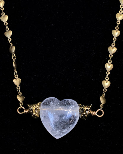 Quartz Heart Brass Leopard Necklace