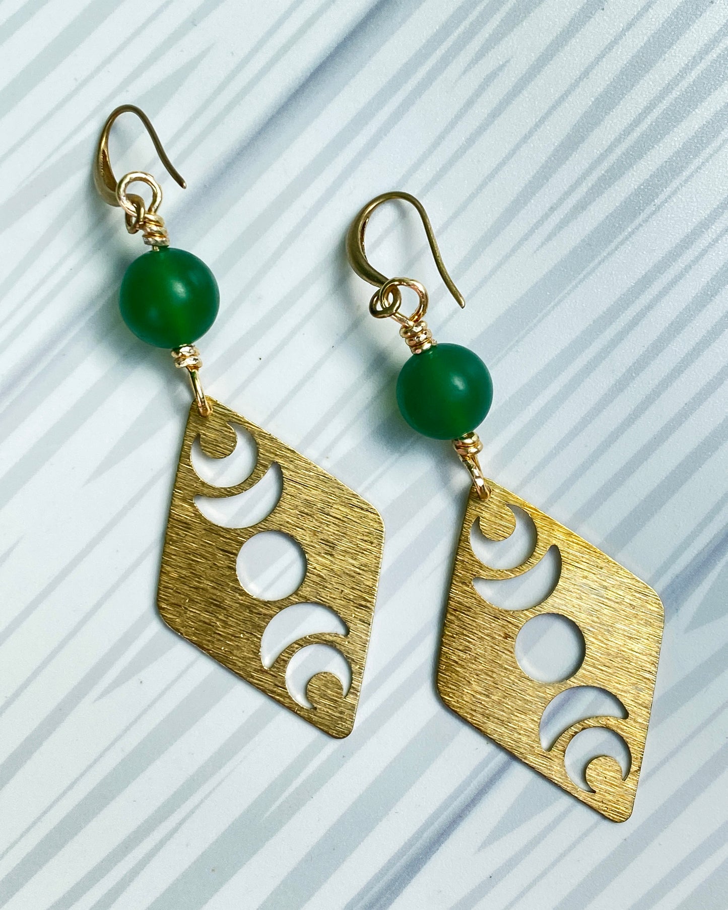 Green Agate gemstone and Brass Moon Earrings