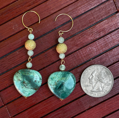 Green Jasper Heart Earrings with Moonstones