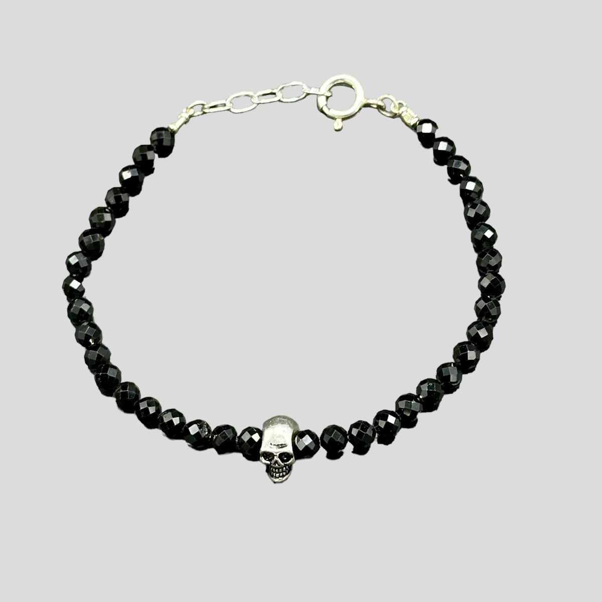 Black Spinel gemstone and Sterling Silver Skull Bracelet