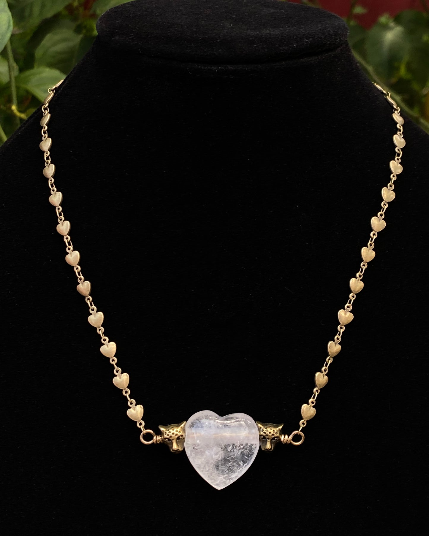 Quartz Heart Brass Leopard Necklace
