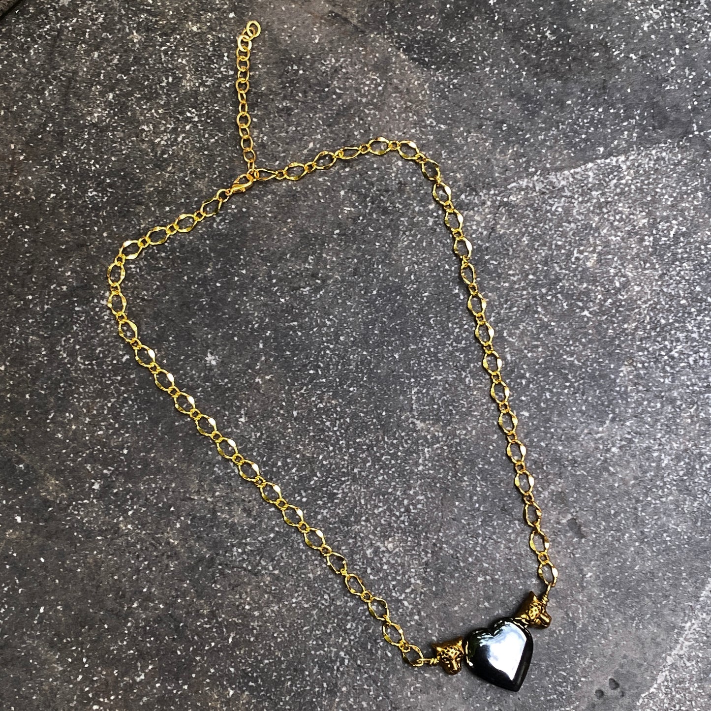 Hematite gemstone Heart Brass Leopard Necklace