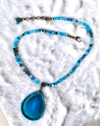 Blue Agate gemstone Slice Beaded Necklace
