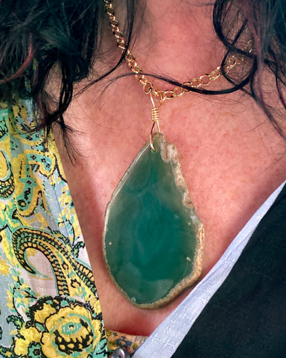 Green Agate gemstone Slice chain Necklace