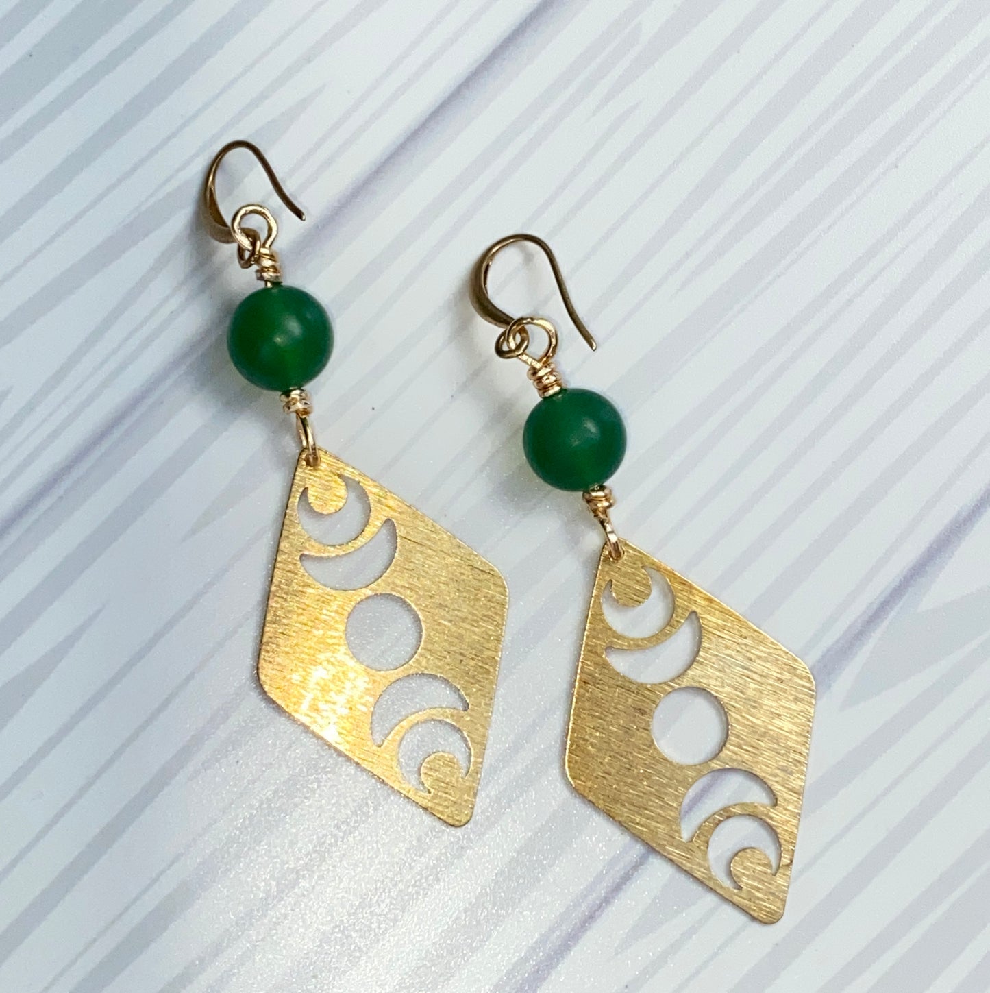 Green Agate gemstone and Brass Moon Earrings