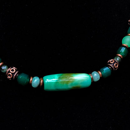 Green agate and Emerald gemstone Necklace with copper accents