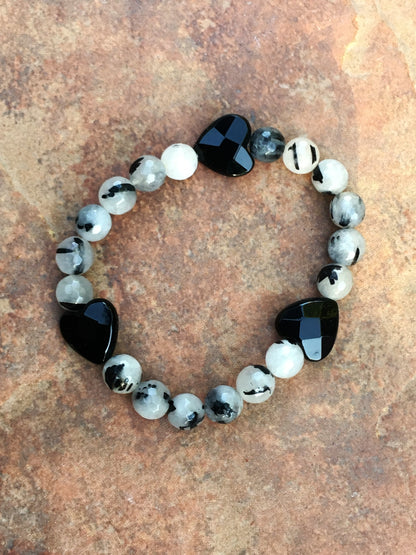 Women's Black Onyx Hearts and Tourmalated Quartz Gemstone stretch Bracelet