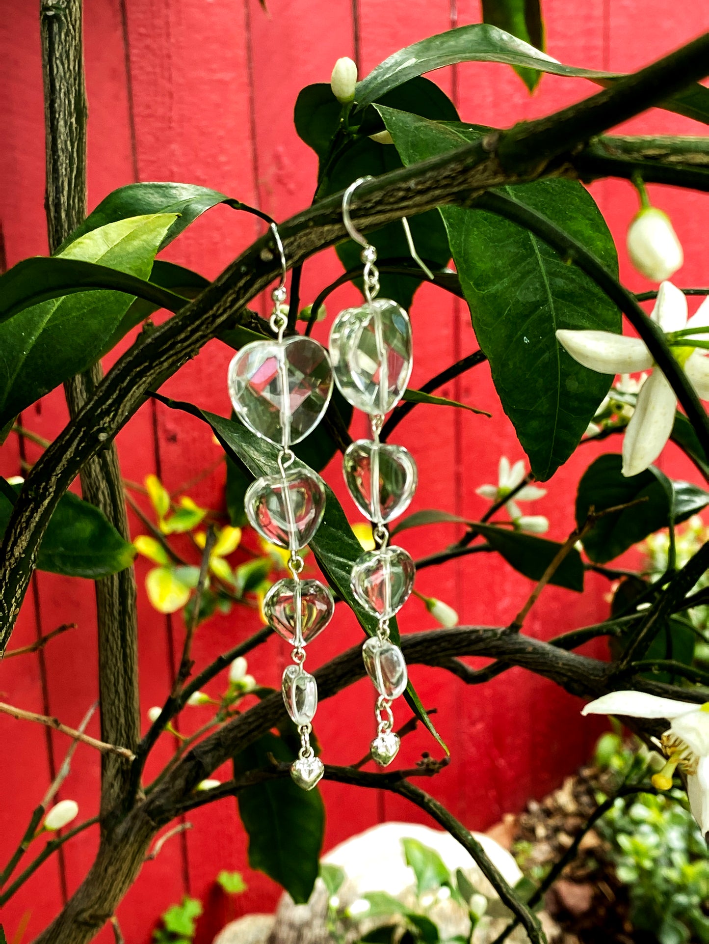 Four Clear Quartz Gemstone Hearts & sterling silver heart drop earrings