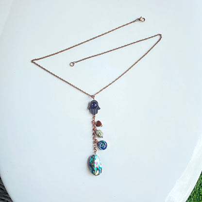 Women's Copper Chain with Abalone, Hematite Gemstone with Amethyst Hamsa Charm necklace