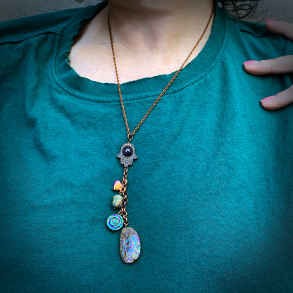 Women's Copper Chain with Abalone, Hematite Gemstone with Amethyst Hamsa Charm necklace