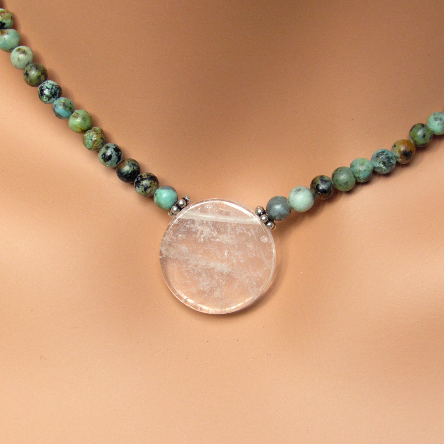 African Turquoise Gemstones with Clear Quartz Disk Pendant and Sterling Silver