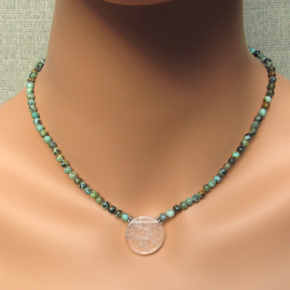 African Turquoise Gemstones with Clear Quartz Disk Pendant and Sterling Silver