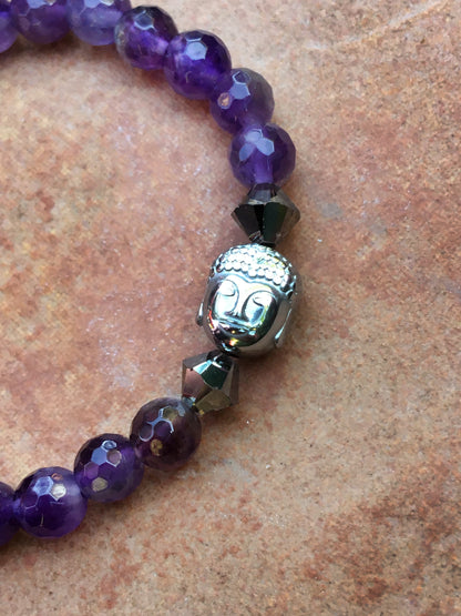 Women's "SHINE" Bracelet with Amethyst, Swarovski, and Hematite Buddha Gemstones