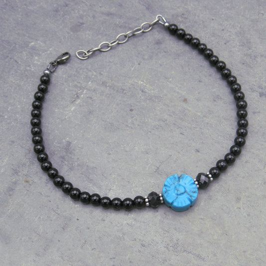 Blue Flower gemstone With Onyx and Black Spinel Anklet