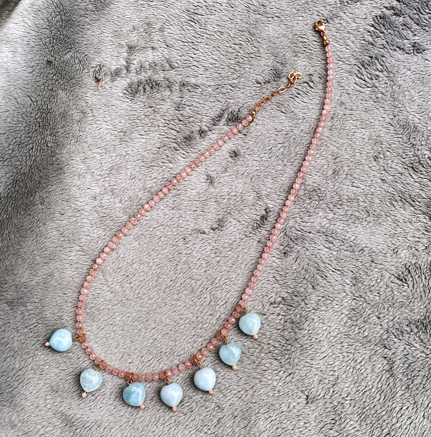 Aquamarine Hearts and Rose Quartz Gemstone with 14 kt rose gold fill Necklace