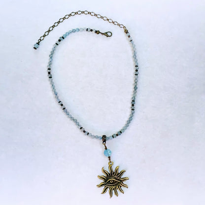 Aquamarine gemstone with Brass Evileye Sun pendant Necklace