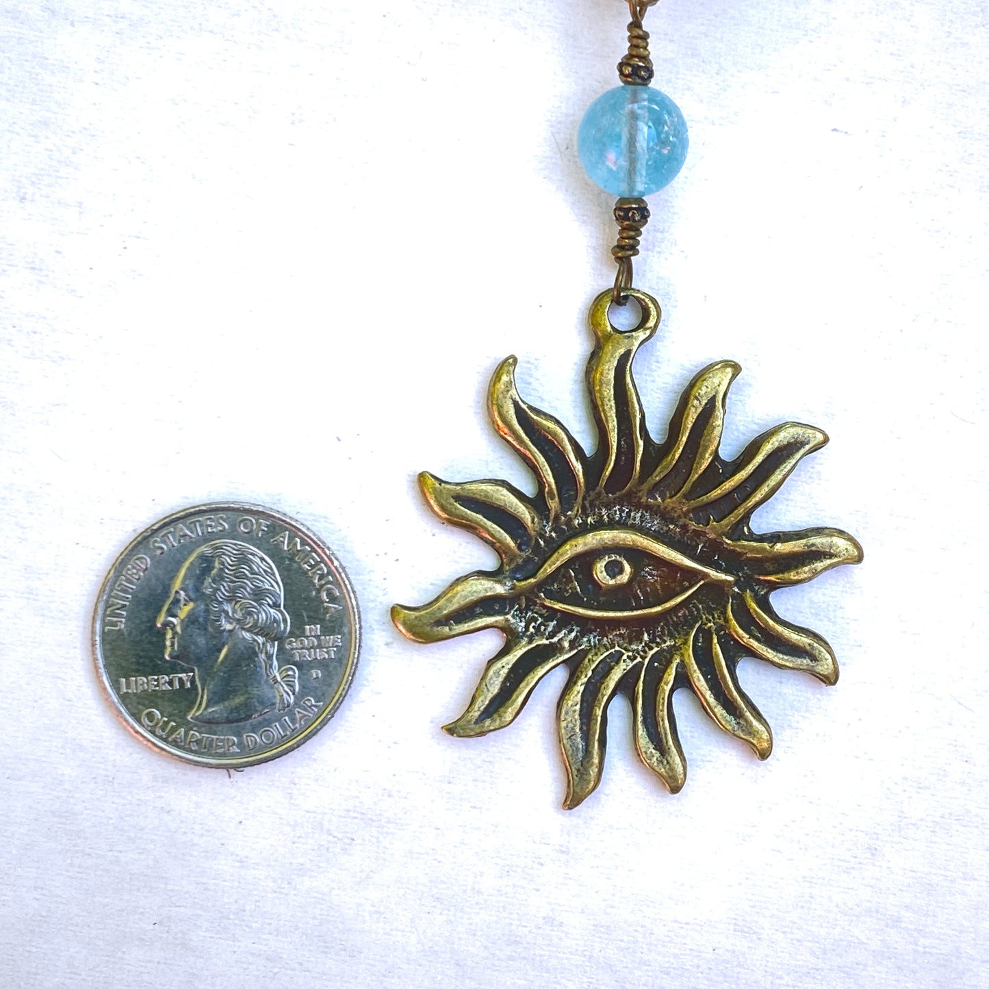 Aquamarine gemstone with Brass Evileye Sun pendant Necklace