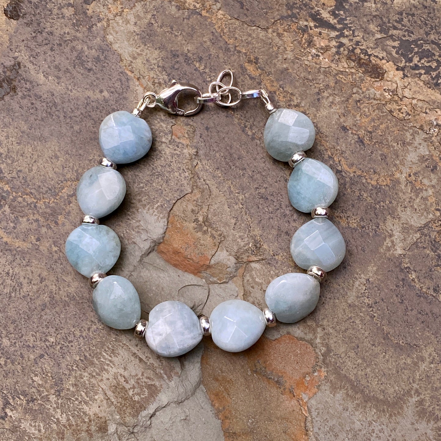 Women's Aquamarine hearts and sterling Silver lobster Clasp Bracelet