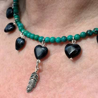 Tiger Eye heart Sterling silver Feather genuine Turquoise Necklace
