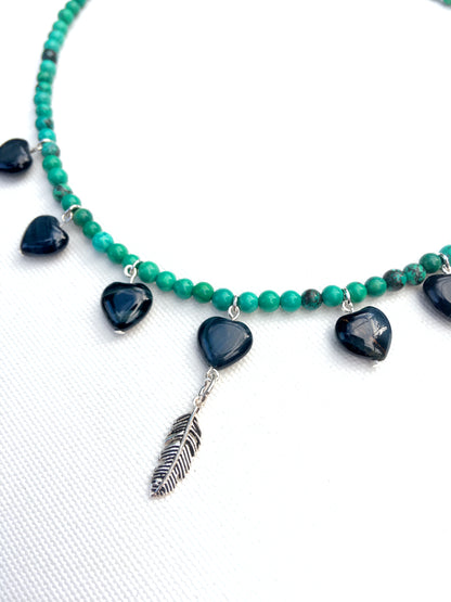 Tiger Eye heart Sterling silver Feather genuine Turquoise Necklace