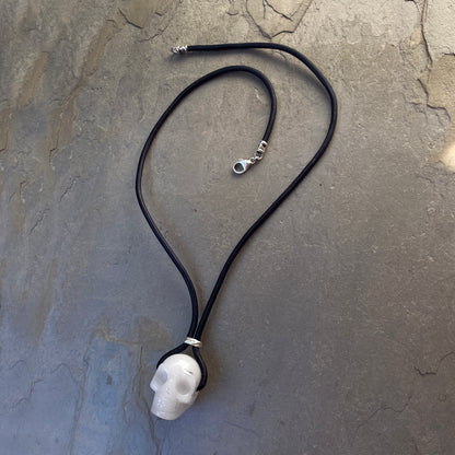 Genuine Gemstone Skull with Sterling Silver on genuine Leather Necklace