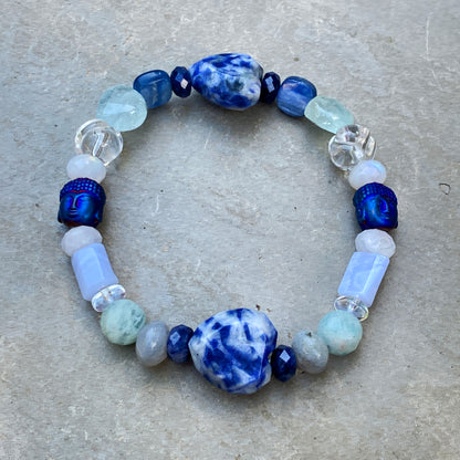 Women's Blue Lace Agate, Aquamarine, Clear Quartz & Blue Sapphires Gemstone bracelet.