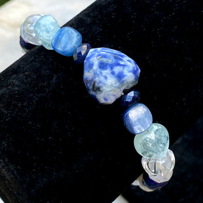 Women's Blue Lace Agate, Aquamarine, Clear Quartz & Blue Sapphires Gemstone bracelet.