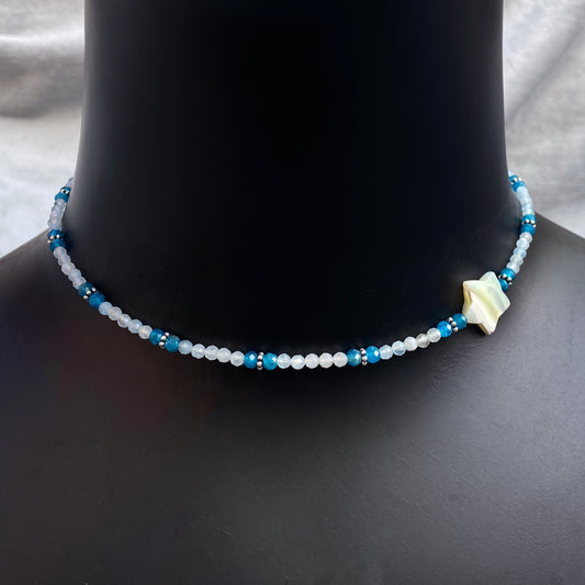 Women's Mother of Pearl Star Choker with Apatite, Aquamarine & sterling silver
