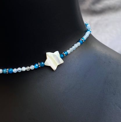 Women's Mother of Pearl Star Choker with Apatite, Aquamarine & sterling silver