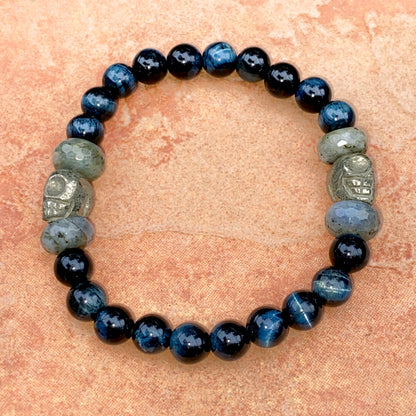 Men's Blue Tiger Eye Gemstone Bracelet with Labradorite and Pyrite Skulls