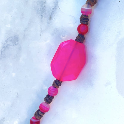 Leather and Pink Agate  Hand Knotted Bracelet
