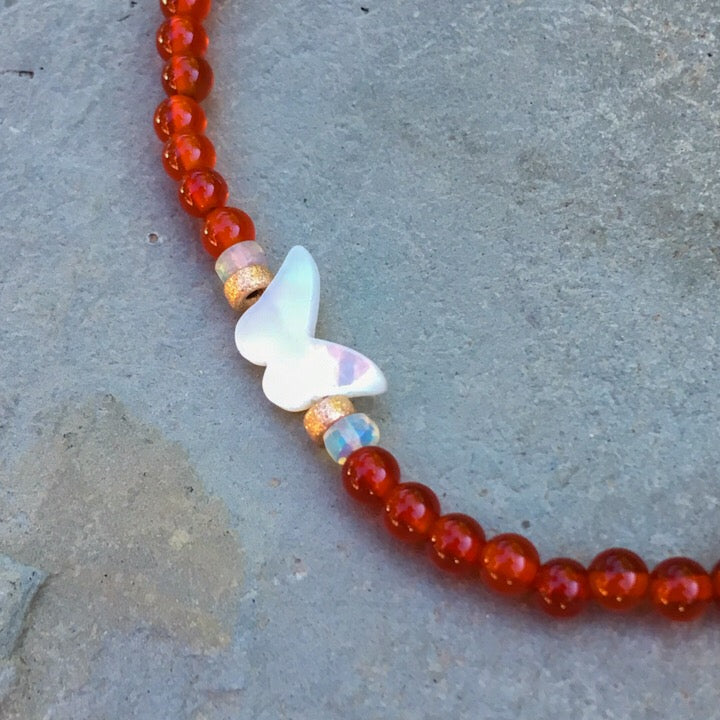 Mother of Pearl Butterfly, Red Onyx & Ethiopian Opal gemstone necklace
