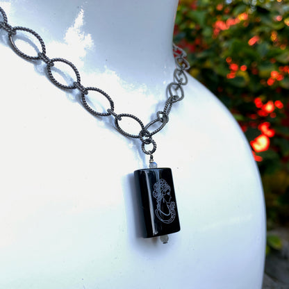 Oxidized Sterling Silver Chain with painted Onyx Cameo with Labradorite Gemstone Pendant necklace