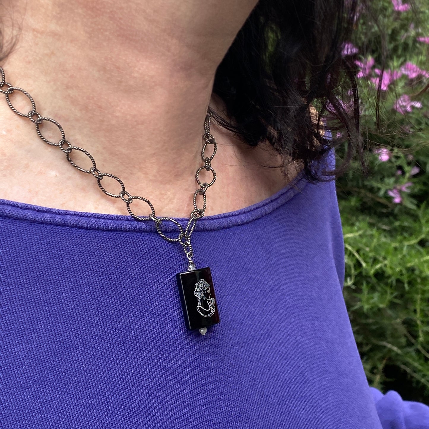Oxidized Sterling Silver Chain with painted Onyx Cameo with Labradorite Gemstone Pendant necklace