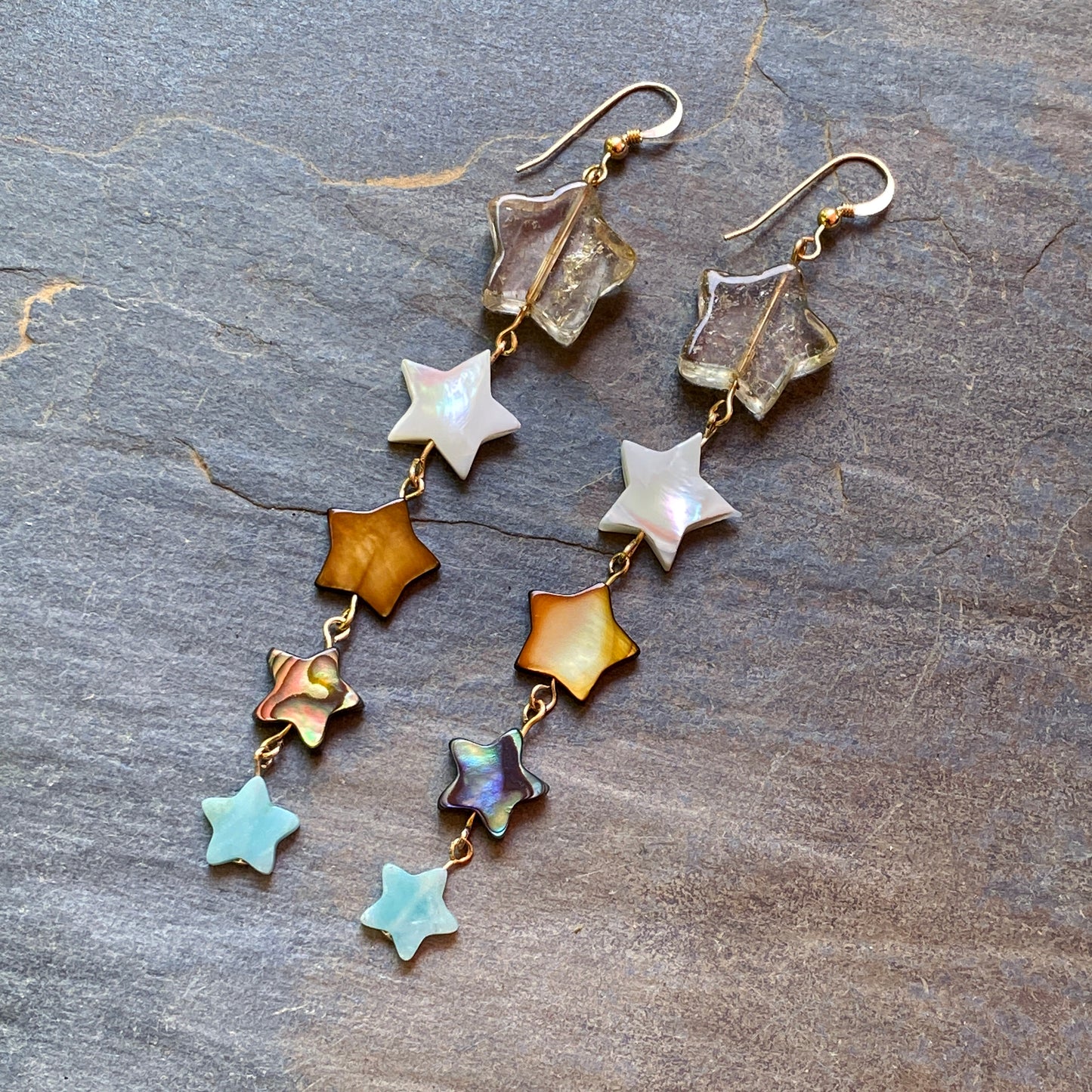 Citrine Gemstone Star with Mother of Pearl, Amazonite and Abalone Shell Drop Earrings