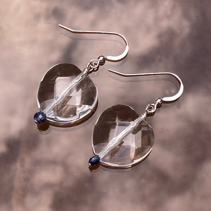 Precious genuine Blue Sapphire, faceted Clear Quartz hearts earrings