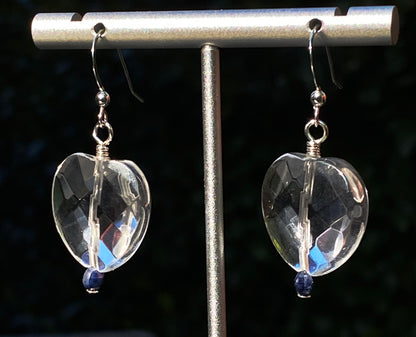 Precious genuine Blue Sapphire, faceted Clear Quartz hearts earrings