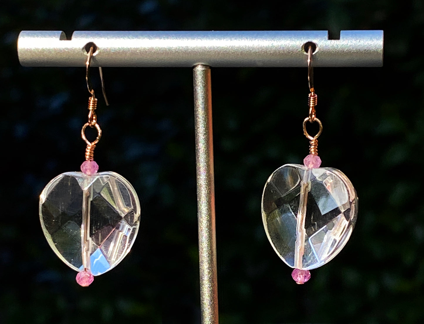 Women's Precious stone Pink sapphire & faceted Quartz Heart rose gold filled drop Earrings